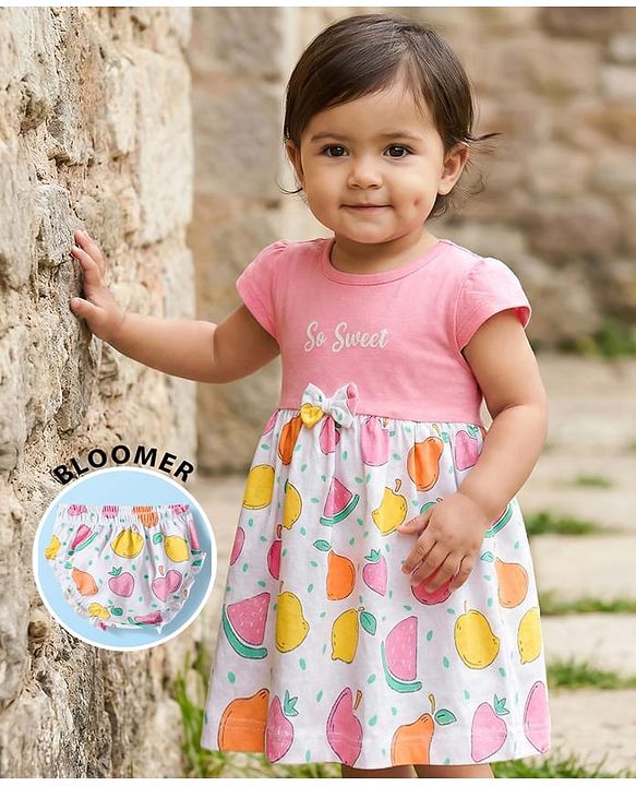 Babyhug Single Jersey Knit Half Cap Sleeves Fruit Printed Fit & Flared Frock with Bow Applique & Bloomer - Pink