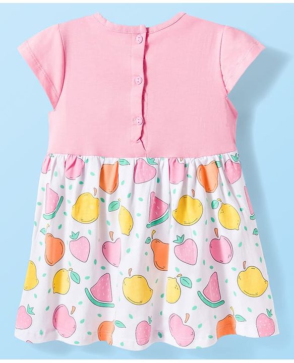 Babyhug Single Jersey Knit Half Cap Sleeves Fruit Printed Fit & Flared Frock with Bow Applique & Bloomer - Pink