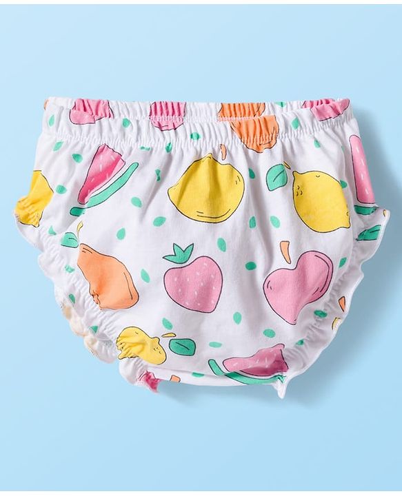 Babyhug Single Jersey Knit Half Cap Sleeves Fruit Printed Fit & Flared Frock with Bow Applique & Bloomer - Pink
