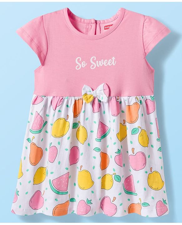 Babyhug Single Jersey Knit Half Cap Sleeves Fruit Printed Fit & Flared Frock with Bow Applique & Bloomer - Pink