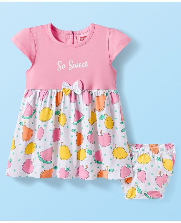 Babyhug Single Jersey Knit Half Cap Sleeves Fruit Printed Fit & Flared Frock with Bow Applique & Bloomer - Pink