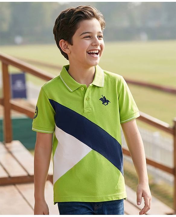 Pine Kids Cotton Knit Half Sleeves Textured Polo T-Shirt with Brand Logo - Neon Green