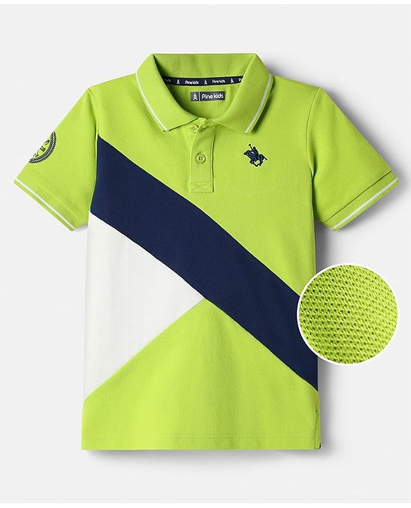 Pine Kids Cotton Knit Half Sleeves Textured Polo T-Shirt with Brand Logo - Neon Green