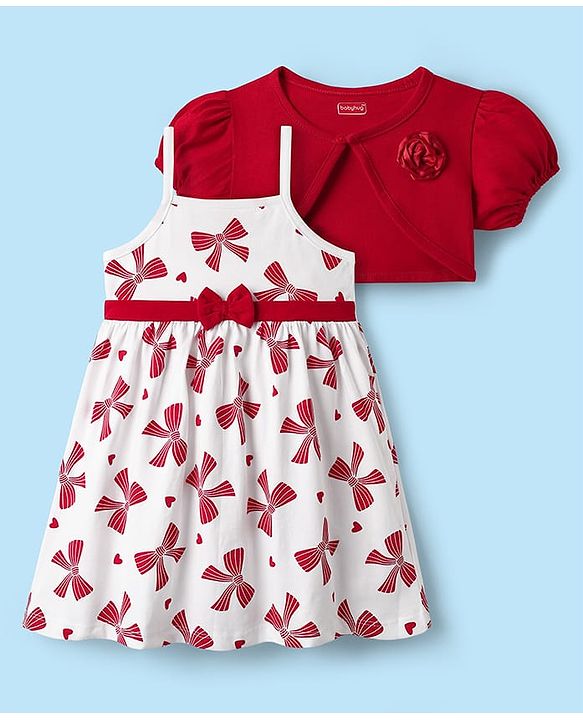 Babyhug 100% Cotton Half Sleeves Floral Applique Shrug With Bow Printed Frock - Red & White