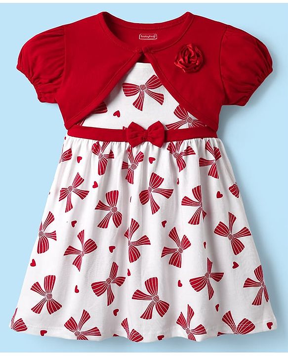 Babyhug 100% Cotton Half Sleeves Floral Applique Shrug With Bow Printed Frock - Red & White