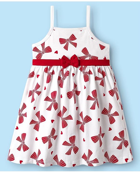 Babyhug 100% Cotton Half Sleeves Floral Applique Shrug With Bow Printed Frock - Red & White