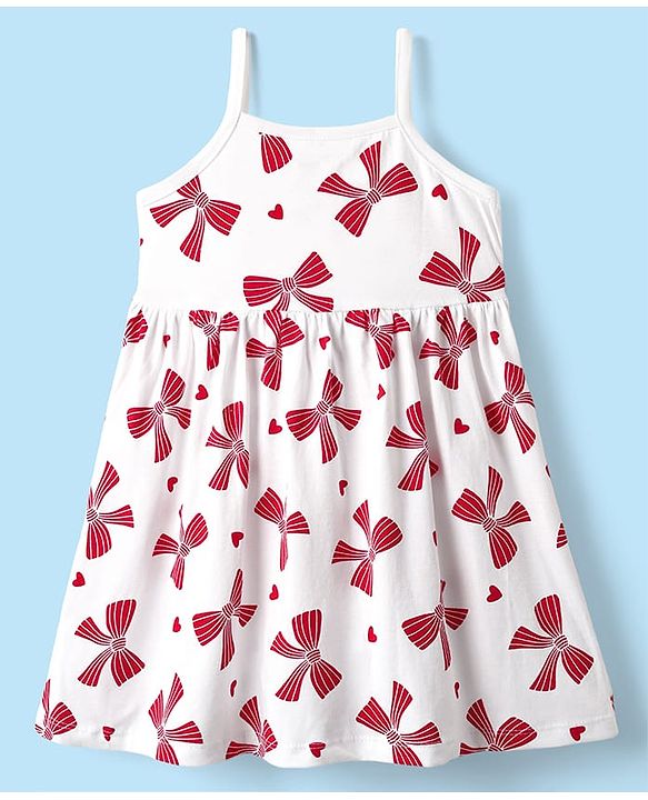 Babyhug 100% Cotton Half Sleeves Floral Applique Shrug With Bow Printed Frock - Red & White