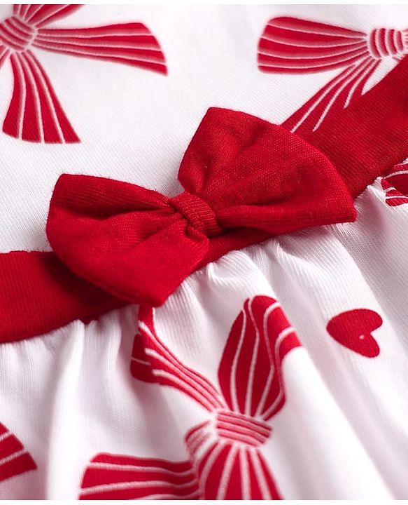 Babyhug 100% Cotton Half Sleeves Floral Applique Shrug With Bow Printed Frock - Red & White