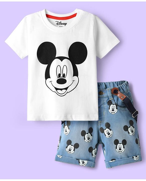 Babyhug Disney Single Jersey Knit Half Sleeves T-Shirt & Short Set With Suspender & Mickey Mouse Graphics - White & Blue