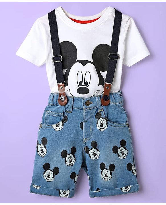 Babyhug Disney Single Jersey Knit Half Sleeves T-Shirt & Short Set With Suspender & Mickey Mouse Graphics - White & Blue