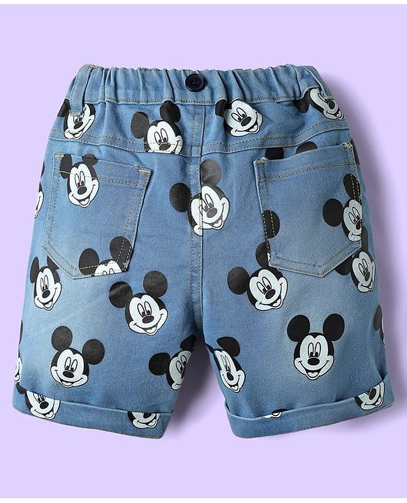 Babyhug Disney Single Jersey Knit Half Sleeves T-Shirt & Short Set With Suspender & Mickey Mouse Graphics - White & Blue