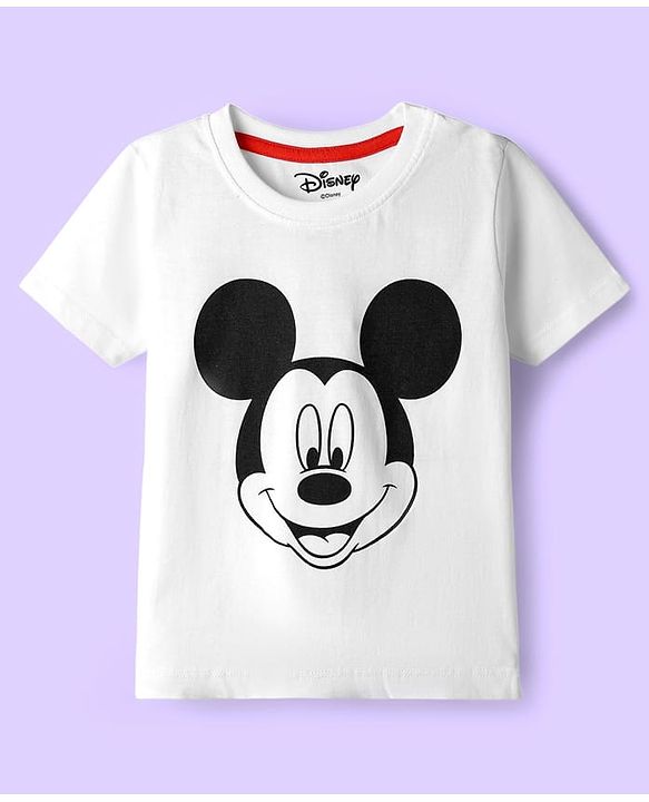 Babyhug Disney Single Jersey Knit Half Sleeves T-Shirt & Short Set With Suspender & Mickey Mouse Graphics - White & Blue