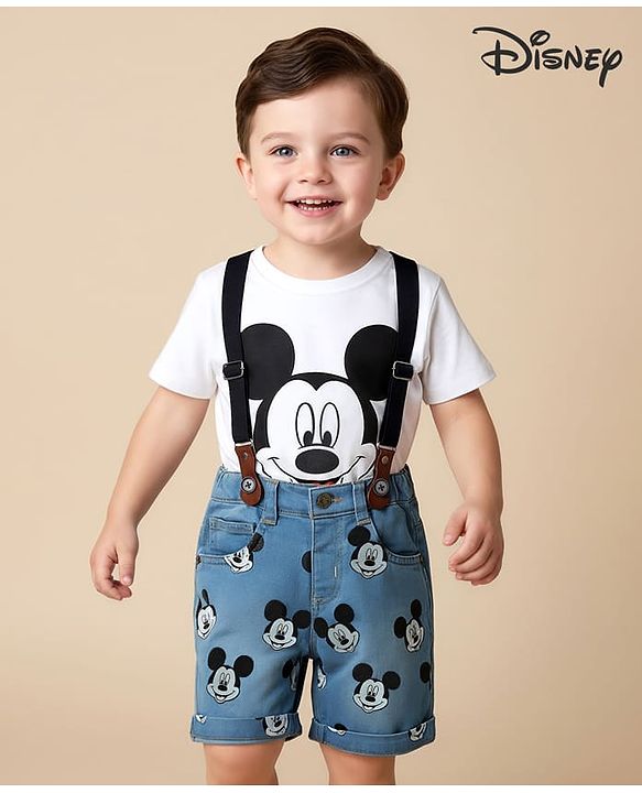 Babyhug Disney Single Jersey Knit Half Sleeves T-Shirt & Short Set With Suspender & Mickey Mouse Graphics - White & Blue