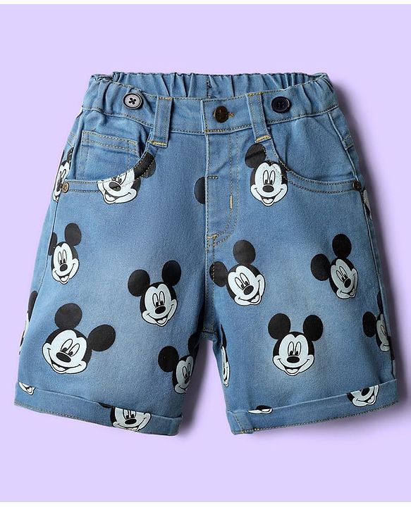 Babyhug Disney Single Jersey Knit Half Sleeves T-Shirt & Short Set With Suspender & Mickey Mouse Graphics - White & Blue