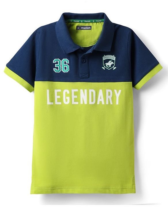 Pine Kids Cotton Knit Half Sleeves Cut & Sew Polo T-Shirt with Legendary Text Print - Neon Green & Navy Blue