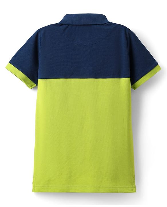 Pine Kids Cotton Knit Half Sleeves Cut & Sew Polo T-Shirt with Legendary Text Print - Neon Green & Navy Blue