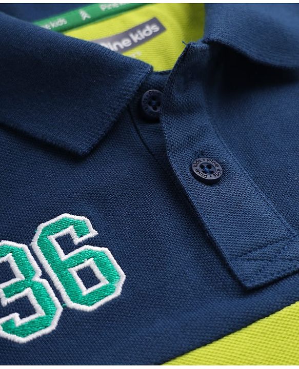 Pine Kids Cotton Knit Half Sleeves Cut & Sew Polo T-Shirt with Legendary Text Print - Neon Green & Navy Blue