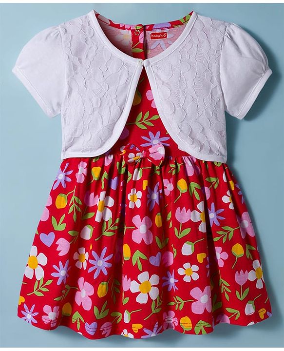 Babyhug Single Jersey Knit Frock With Half Sleeves Shrug & Floral Print - Red