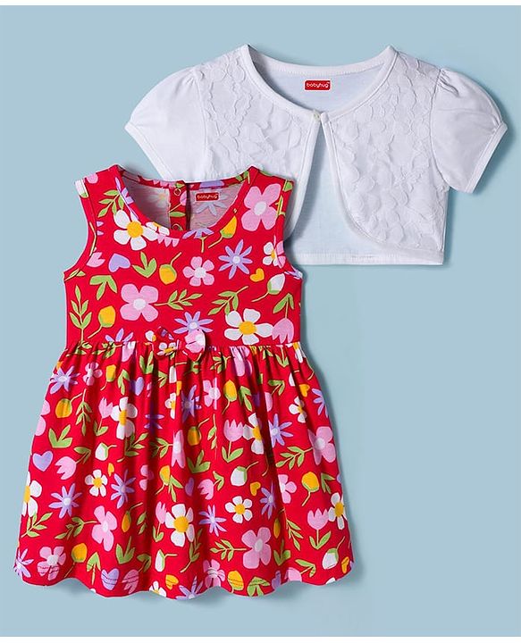 Babyhug Single Jersey Knit Frock With Half Sleeves Shrug & Floral Print - Red