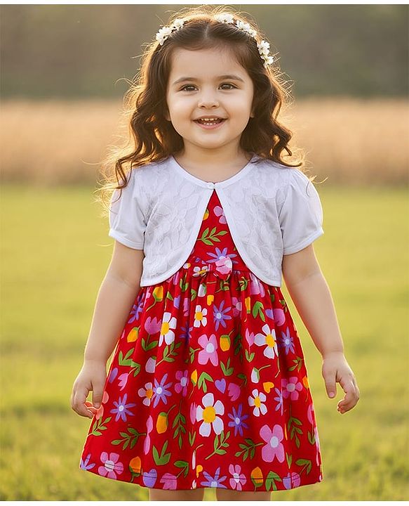 Babyhug Single Jersey Knit Frock With Half Sleeves Shrug & Floral Print - Red