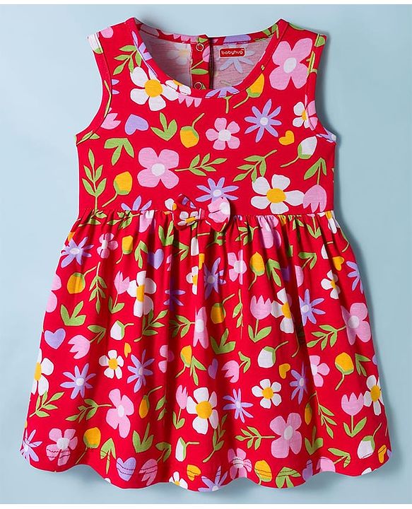 Babyhug Single Jersey Knit Frock With Half Sleeves Shrug & Floral Print - Red