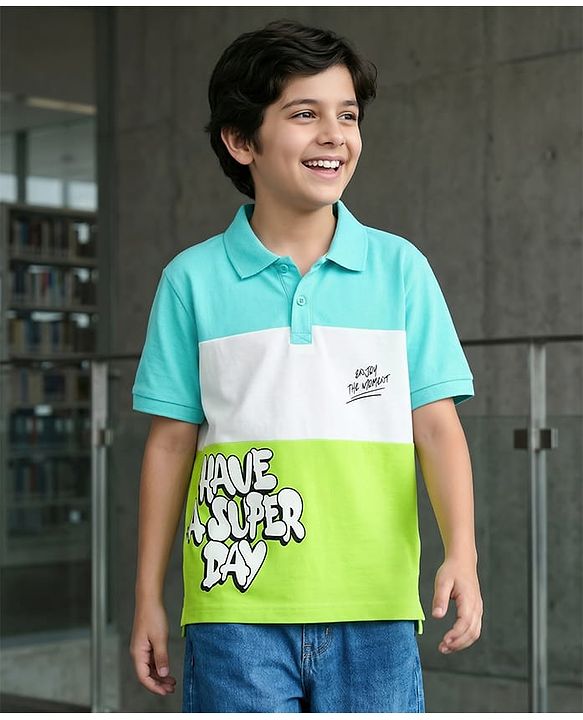 Pine Kids Cotton Knit Half Sleeves Cut & Sew Polo T-Shirt with Text Print - Light Green White & Aqua Blue