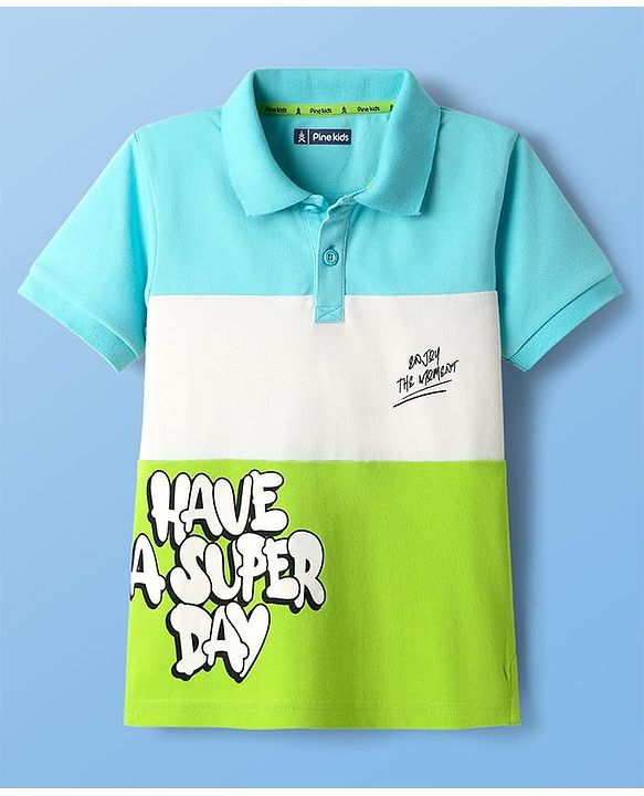 Pine Kids Cotton Knit Half Sleeves Cut & Sew Polo T-Shirt with Text Print - Light Green White & Aqua Blue