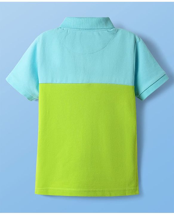 Pine Kids Cotton Knit Half Sleeves Cut & Sew Polo T-Shirt with Text Print - Light Green White & Aqua Blue