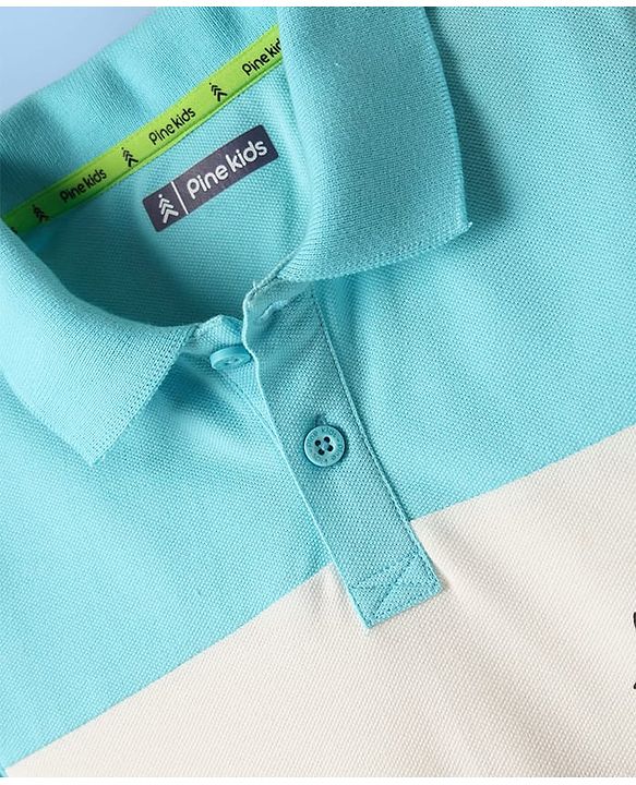 Pine Kids Cotton Knit Half Sleeves Cut & Sew Polo T-Shirt with Text Print - Light Green White & Aqua Blue