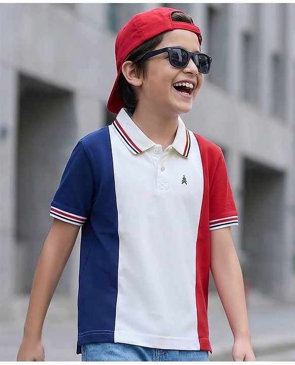 Pine Kids Cotton Knit Half Sleeves Cut & Sew Polo T-Shirt - Red Navy Blue & White