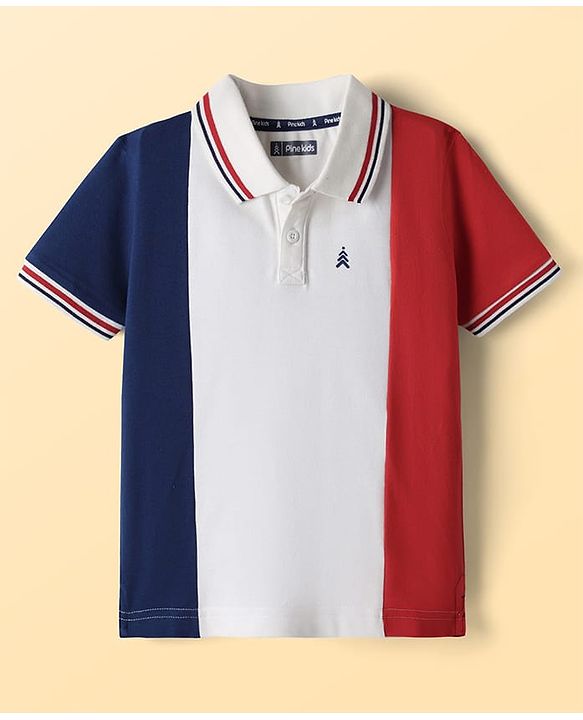 Pine Kids Cotton Knit Half Sleeves Cut & Sew Polo T-Shirt - Red Navy Blue & White
