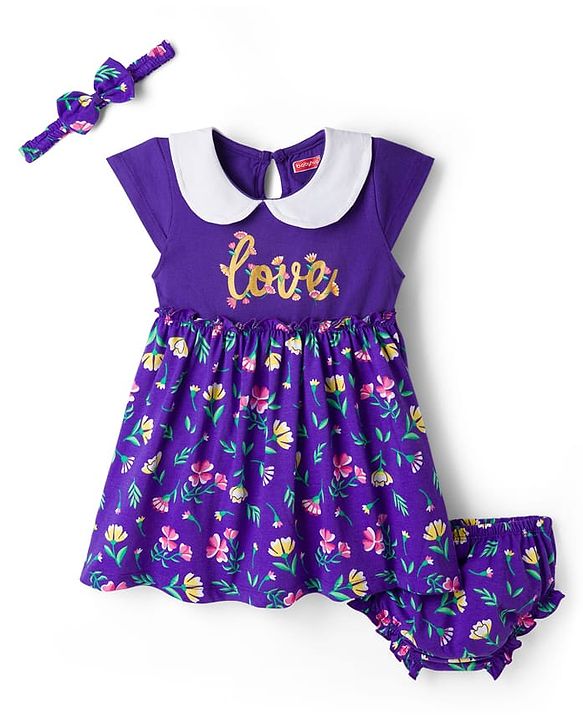 Babyhug Single Jersey Knit Half  Sleeves Frock with Floral Print Headband & Bloomer - Purple