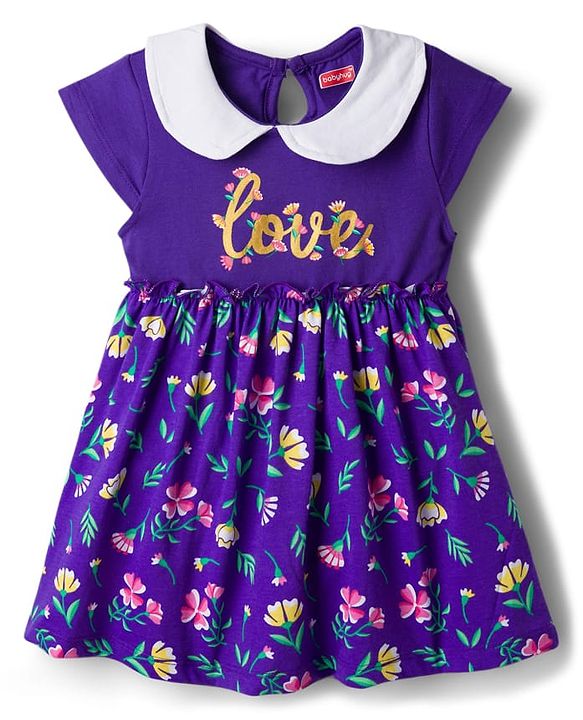 Babyhug Single Jersey Knit Half  Sleeves Frock with Floral Print Headband & Bloomer - Purple
