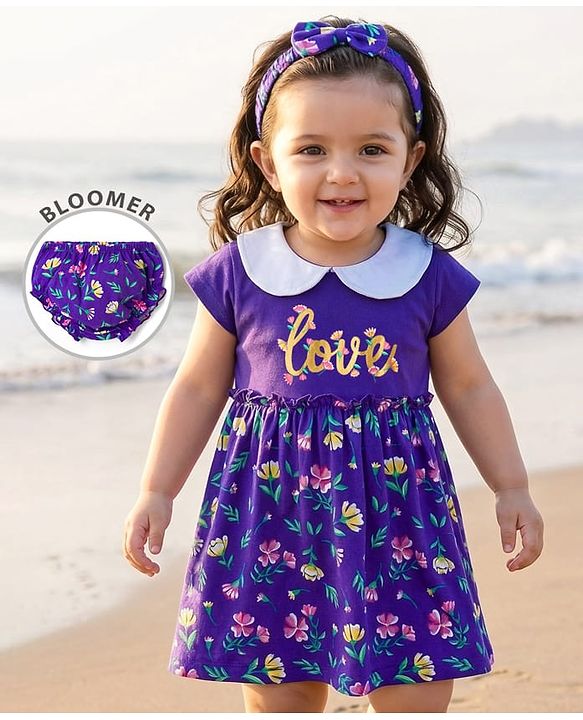 Babyhug Single Jersey Knit Half  Sleeves Frock with Floral Print Headband & Bloomer - Purple