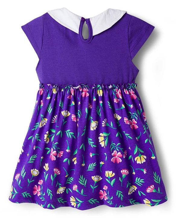 Babyhug Single Jersey Knit Half  Sleeves Frock with Floral Print Headband & Bloomer - Purple