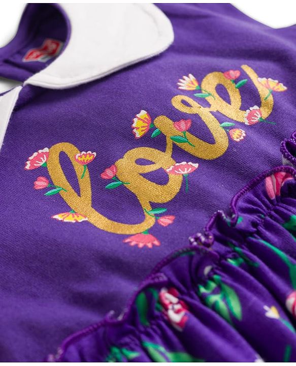 Babyhug Single Jersey Knit Half  Sleeves Frock with Floral Print Headband & Bloomer - Purple