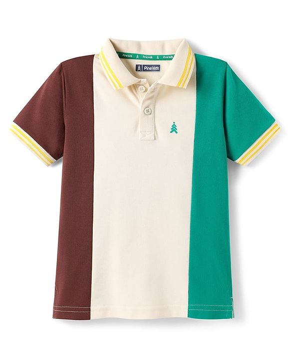 Pine Kids Cotton Knit Half Sleeves Polo T-Shirt With Color Block Design - Multicolor