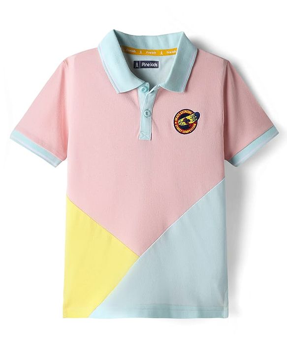 Pine Kids Cotton Knit Half Sleeves Cut & Sew Polo T-Shirt with Badge - Pink & Yellow