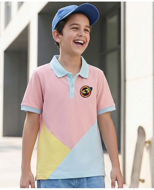 Pine Kids Cotton Knit Half Sleeves Cut & Sew Polo T-Shirt with Badge - Pink & Yellow