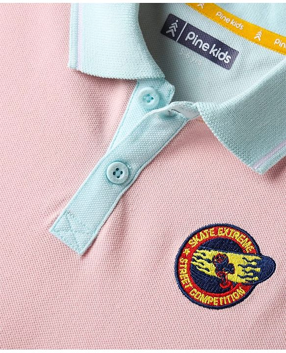 Pine Kids Cotton Knit Half Sleeves Cut & Sew Polo T-Shirt with Badge - Pink & Yellow