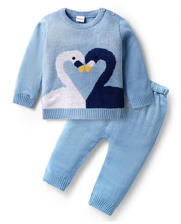 Babyhug Knitted Full Sleeves Sweater Set With Swan Design - Light Blue