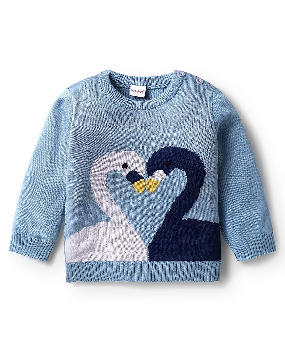 Babyhug Knitted Full Sleeves Sweater Set With Swan Design - Light Blue
