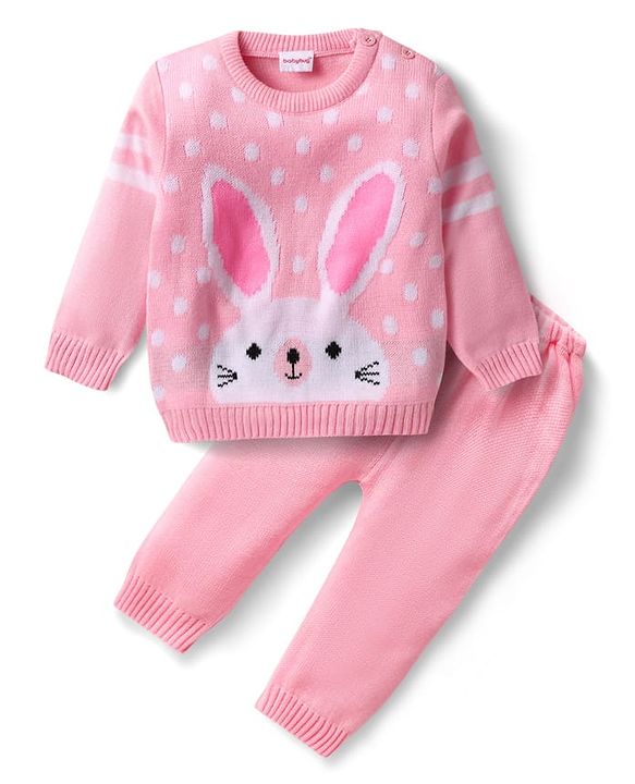 Babyhug Knitted Full Sleeves Sweater Set with Bunny Design - Pink