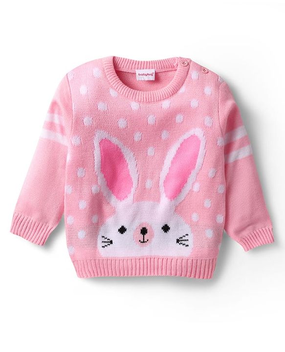 Babyhug Knitted Full Sleeves Sweater Set with Bunny Design - Pink
