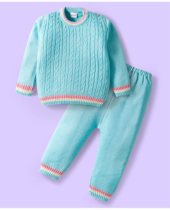 Babyhug Knit Full Sleeves Sweater Set with Cable Knit Design - Light Blue