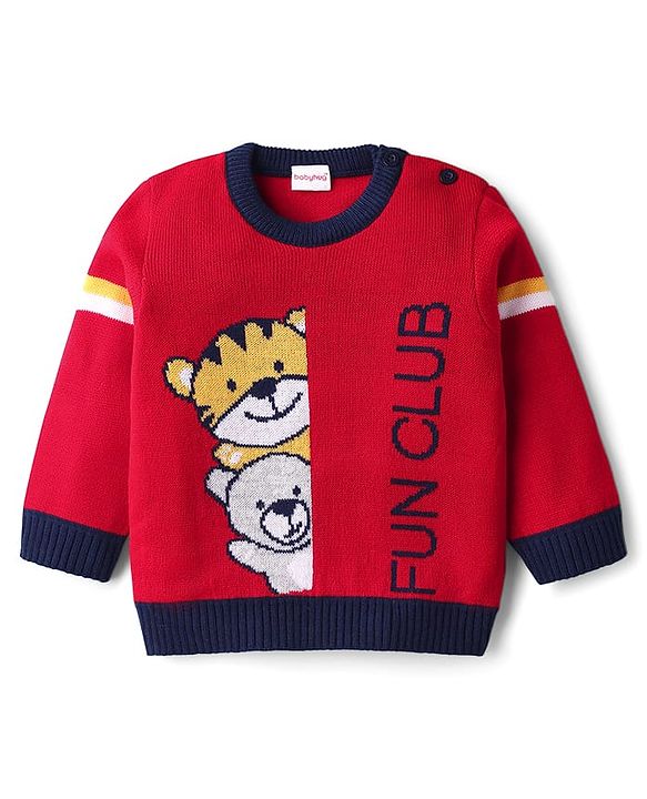 Babyhug Knit Full Sleeves Pullover Sweater Set with Animal Design - Red