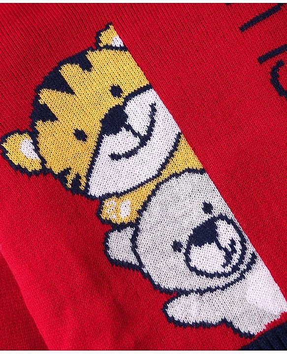 Babyhug Knit Full Sleeves Pullover Sweater Set with Animal Design - Red