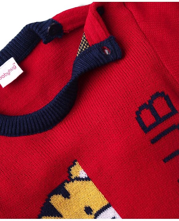 Babyhug Knit Full Sleeves Pullover Sweater Set with Animal Design - Red