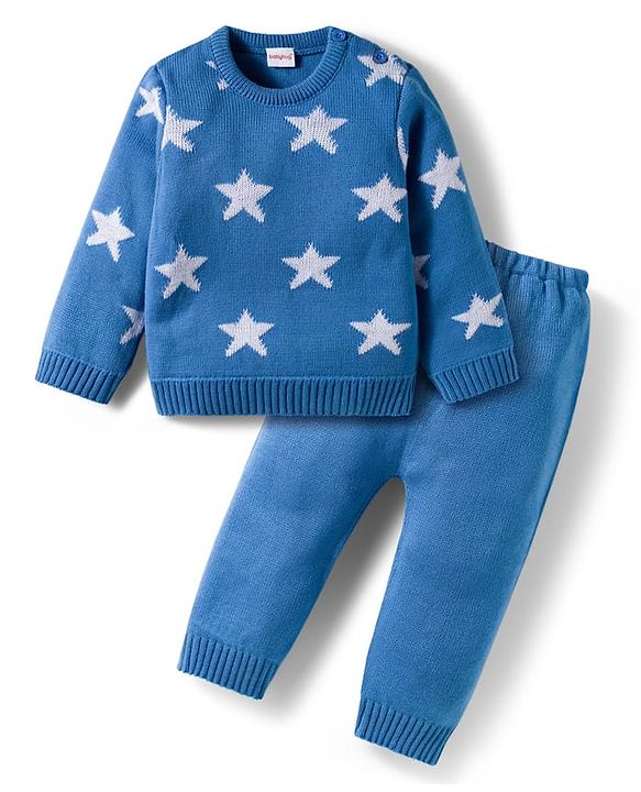 Babyhug Knit Full Sleeves Pullover Sweater Set with Star Design - Blue
