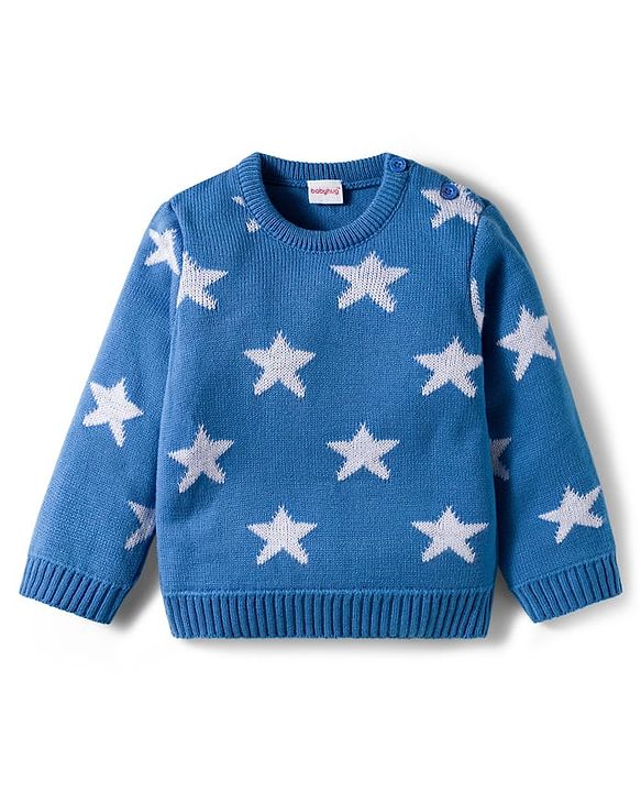 Babyhug Knit Full Sleeves Pullover Sweater Set with Star Design - Blue